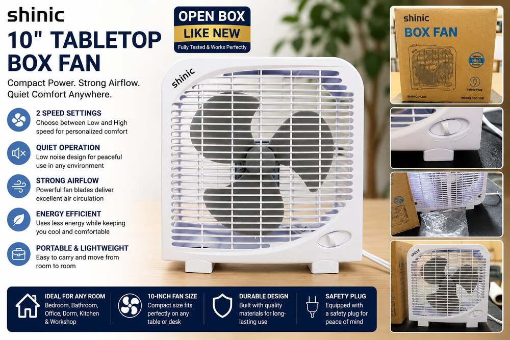 Shinic 10" Tabletop Box Fan, 2-Speed Compact Portable Cooling Fan, Model GF-10B
